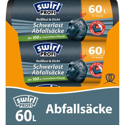 Imballaggio per Swirl sacchi pesanti professionali con coulisse da 60 l resistenti agli strappi e sigillati (12 sacchetti), di Melitta Europa GmbH & Co. KG. L'etichetta è realizzata al 100% in plastica riciclata e mostra una borsa nera legata con accenti arancioni, verdi e neri.