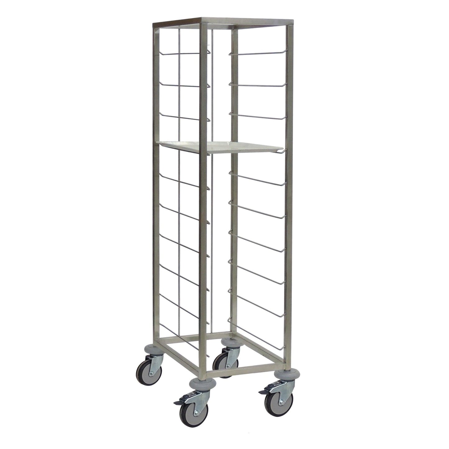 Il carrello per tablet Novocal in acciaio inossidabile nella versione a 1 fila offre spazio per 10 tablet, dispone di un ripiano centrale e quattro ruote sterzanti ed è ideale come carrello per tablet per ospedali.