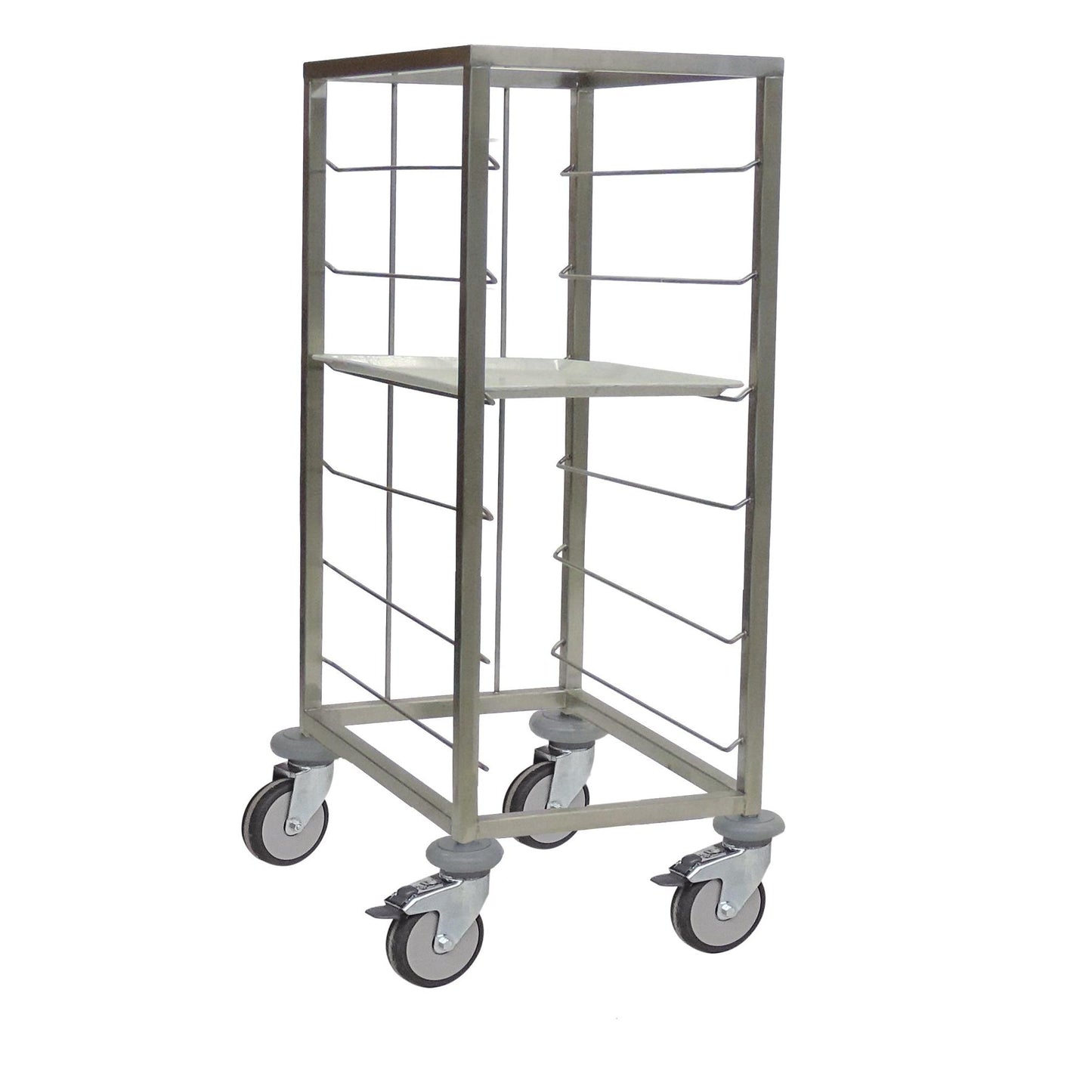 Il carrello portavassoi Novocal in versione aperta a 1 fila è dotato di un robusto telaio in acciaio inossidabile e guide di supporto, quattro paraurti ed è ideale per il trasporto di vassoi in strutture cliniche. Viene fornito come un pezzo per confezione da Novocal.