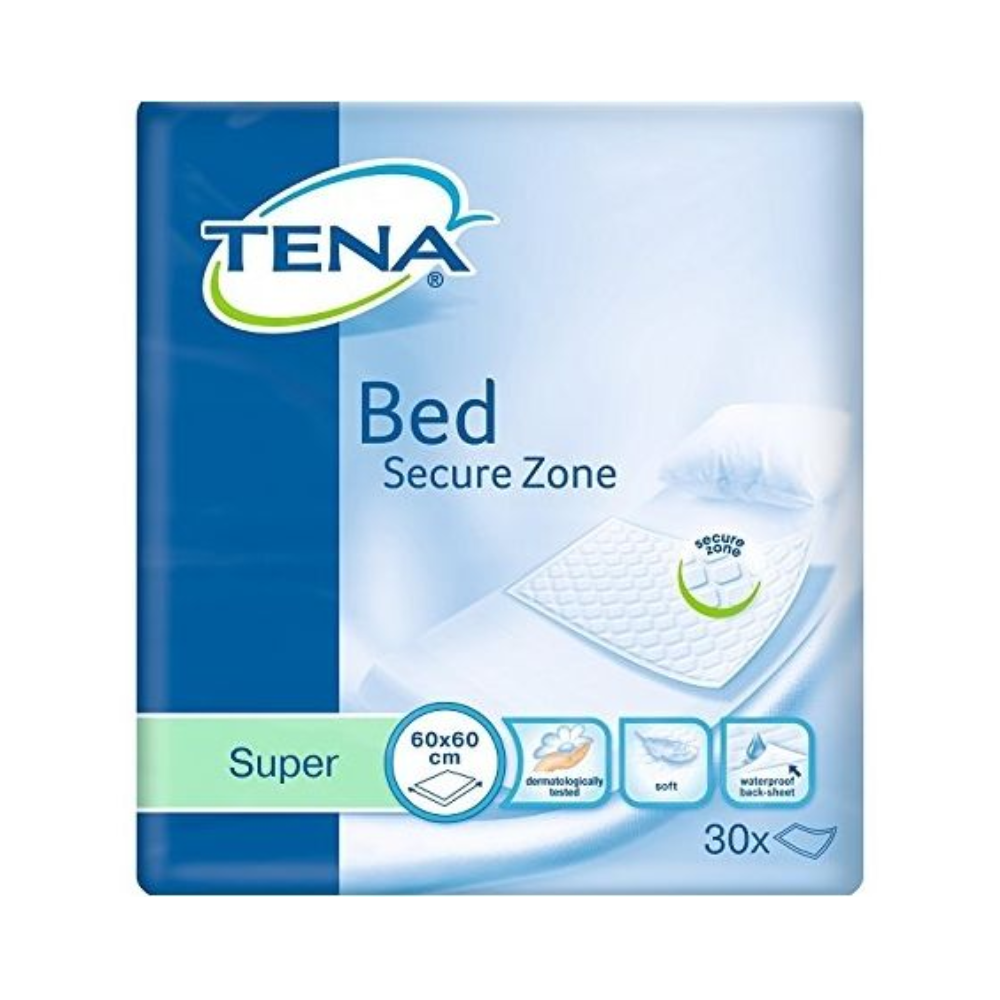 Il packaging delle traverse assorbenti TENA Bed Super, progettato in blu e verde, sottolinea l'assorbenza "Super" con micro-perle superassorbenti. Misura 60x60 cm, contiene 30 traverse per incontinenza e mostra un letto con una traversa come indicazione della protezione dalle perdite. Il prodotto è offerto da TENA - Essity Germany GmbH.