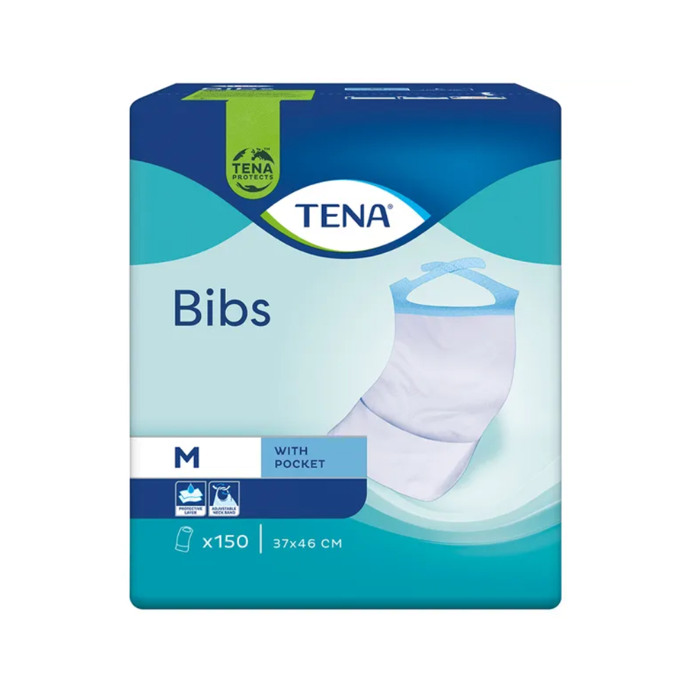Die TENA Bibs Einmal-Schutzservietten, Kleidungsschutz, hergestellt von Essity Germany GmbH, werden in einer blau-grünen Verpackung mit der Abbildung eines einzelnen Lätzchens geliefert. Diese Verpackung in Größe M enthält 150 Einmal-Schutzservietten mit Tasche, jede misst 37x46 cm.