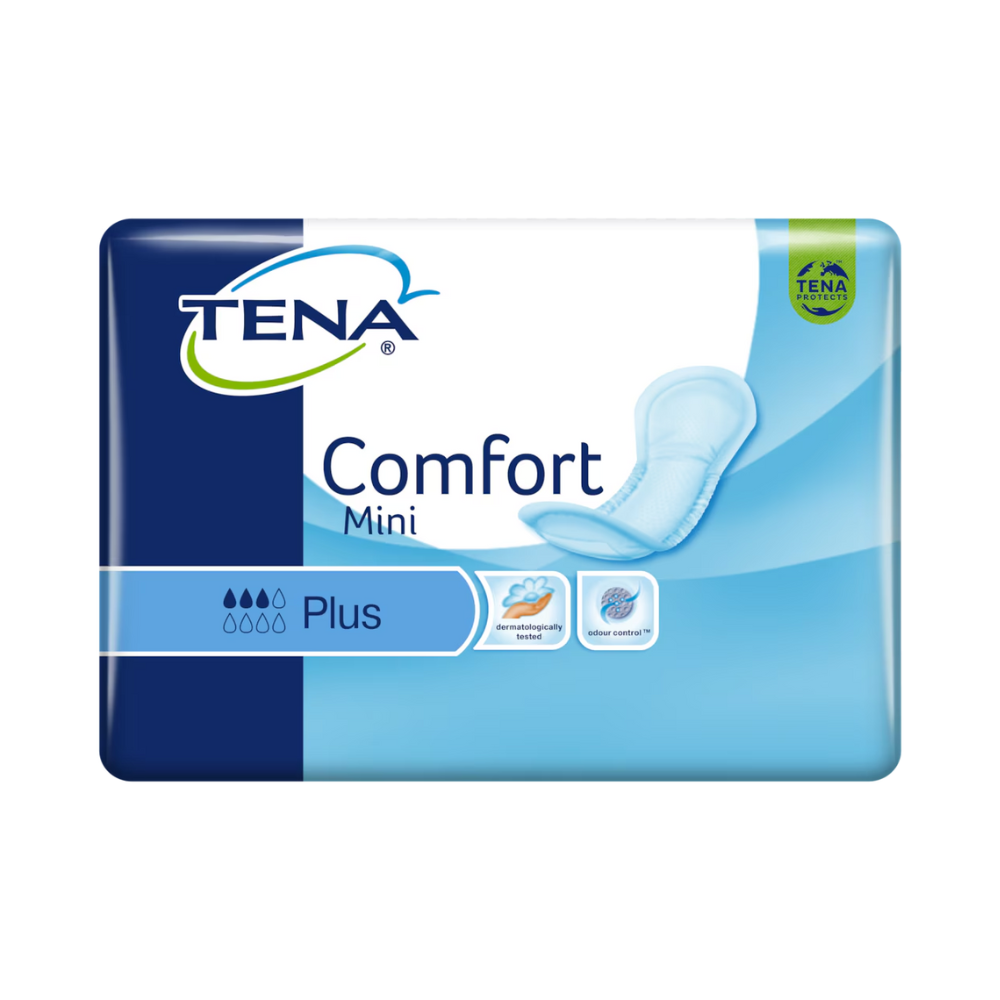Una confezione di assorbenti per incontinenza TENA Comfort Mini Plus contiene 30 inserti, realizzati con tecnologia all'avanguardia. La confezione è principalmente blu e bianca e mostra il logo TENA, oltre a simboli che evidenziano l'assorbenza, il comfort, il controllo degli odori e un nucleo Dry Fast per una protezione eccellente.