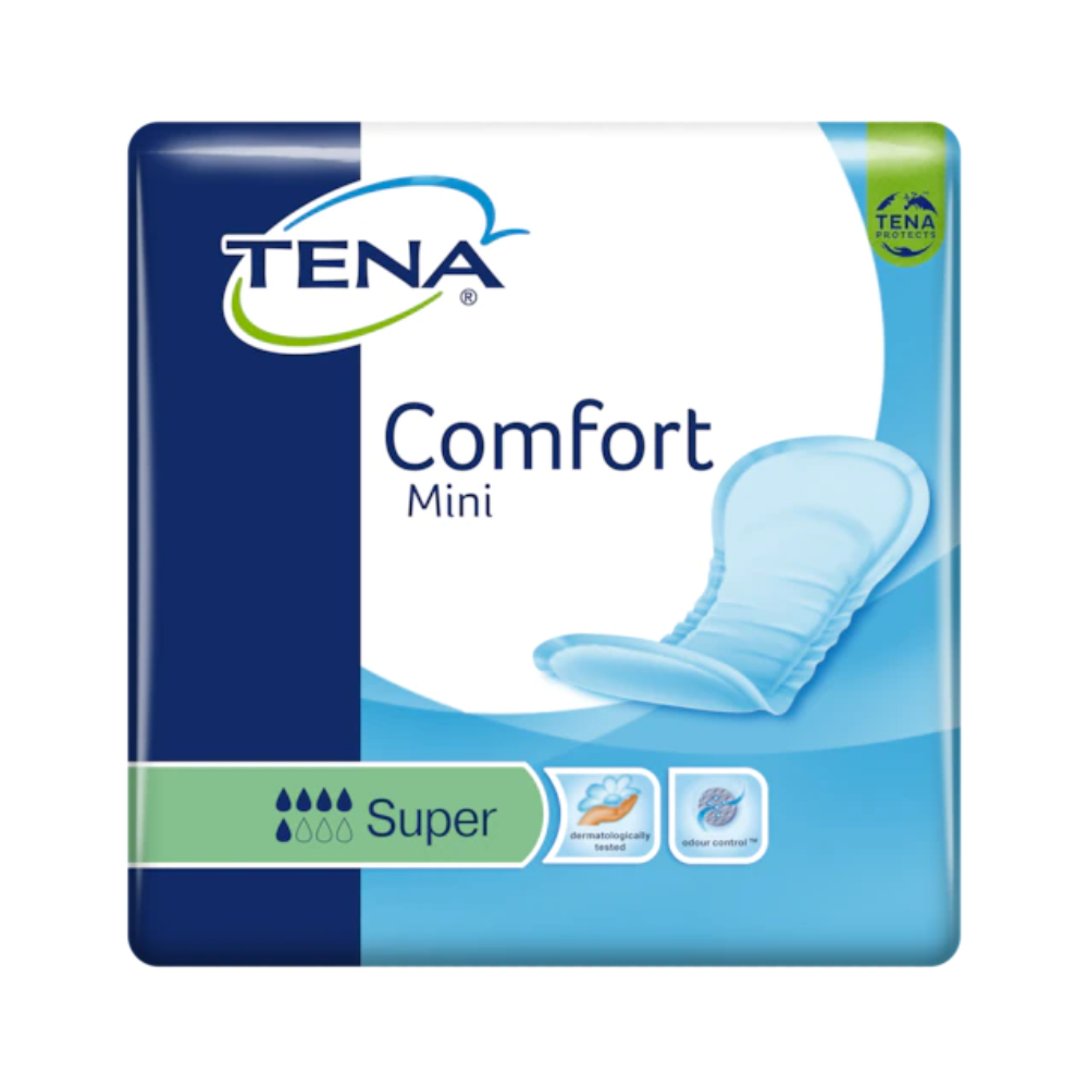 L'immagine mostra una confezione di TENA Comfort Mini Super assorbenti per incontinenza con 30 inserti, sviluppati per la debolezza della vescica. La confezione blu e bianca mostra chiaramente il logo TENA di Essity Germany GmbH e il nome del prodotto, insieme a un'immagine sul lato destro che evidenzia la tecnologia Dry Fast Core.