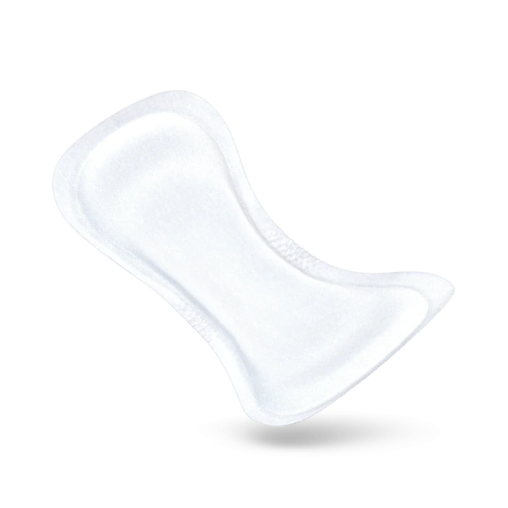 Ein Bild einer weißen Damenbinde mit konturierter Form. Die Binde, ein TENA Comfort Mini Super Inkontinenzvorlage | Packung (30 Stück), scheint für die weibliche Hygiene oder zur Behandlung von Blasenschwäche konzipiert zu sein. Der Hintergrund ist schlicht weiß, sodass die Binde der einzige Fokus des Bildes ist.