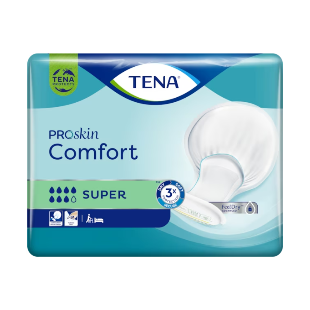 La confezione del TENA Comfort Super assorbente per incontinenza con la sua chiara rappresentazione del prodotto sottolinea attraverso icone chiare le caratteristiche testate dermatologicamente e di protezione dall'umidità. Il design prevalentemente in blu e verde facilita l'identificazione.