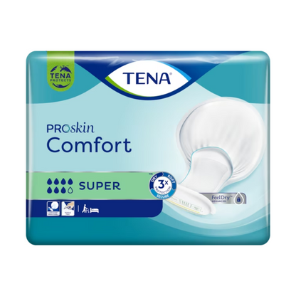 La confezione del TENA Comfort Super assorbente per incontinenza con la sua chiara rappresentazione del prodotto sottolinea attraverso icone chiare le caratteristiche testate dermatologicamente e di protezione dall'umidità. Il design prevalentemente in blu e verde facilita l'identificazione.