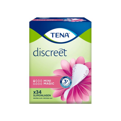 L'immagine mostra una confezione di TENA Discreet Mini Magic assorbenti per incontinenza con design a petali di fiori rosa e il testo "Confezione (34 pezzi)". La confezione enfatizza "3x Protezione" per lieve incontinenza urinaria, contiene simboli di gocce d'acqua e mette in evidenza la tecnologia microPROTEX per un'assorbenza efficace. Prodotto da TENA - Essity Germany GmbH.