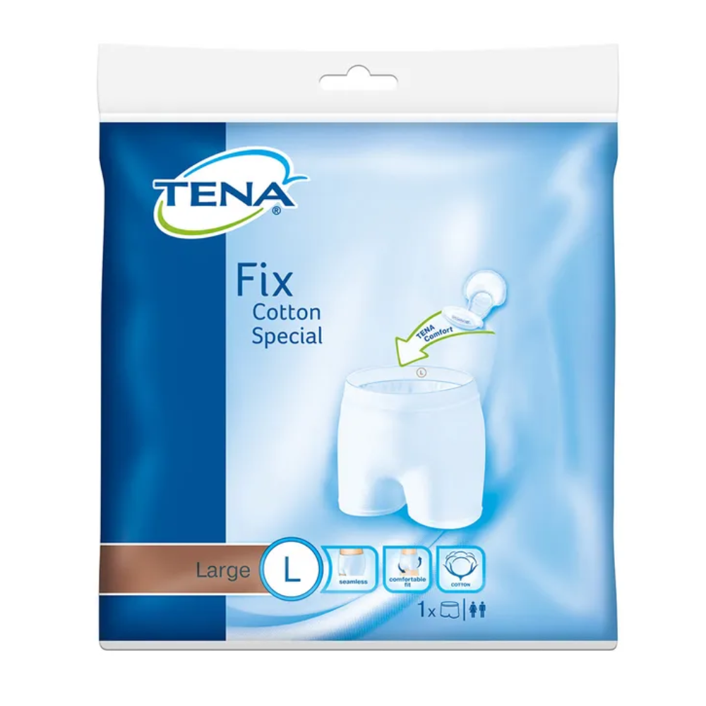 Una confezione di TENA Fix Cotton Spezial Fixierhose biancheria intima per incontinenza, taglia L, di TENA - Essity Germany GmbH. La confezione blu-bianca mostra un'immagine che enfatizza comfort e vestibilità, insieme a simboli con istruzioni di lavaggio dettagliate e informazioni sul prodotto per una facile manutenzione.