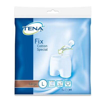 Una confezione di TENA Fix Cotton Spezial Fixierhose biancheria intima per incontinenza, taglia L, di TENA - Essity Germany GmbH. La confezione blu-bianca mostra un'immagine che enfatizza comfort e vestibilità, insieme a simboli con istruzioni di lavaggio dettagliate e informazioni sul prodotto per una facile manutenzione.