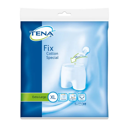 La confezione blu della TENA Fix Cotton Spezial Fixierhose biancheria intima per incontinenza, extra grande, mostra l'immagine del prodotto e simboli che mettono in evidenza i suoi vantaggi. Anche contrassegnata come "Fixierhose", si adatta perfettamente agli inserti per incontinenza per un comfort e una sicurezza ottimali.