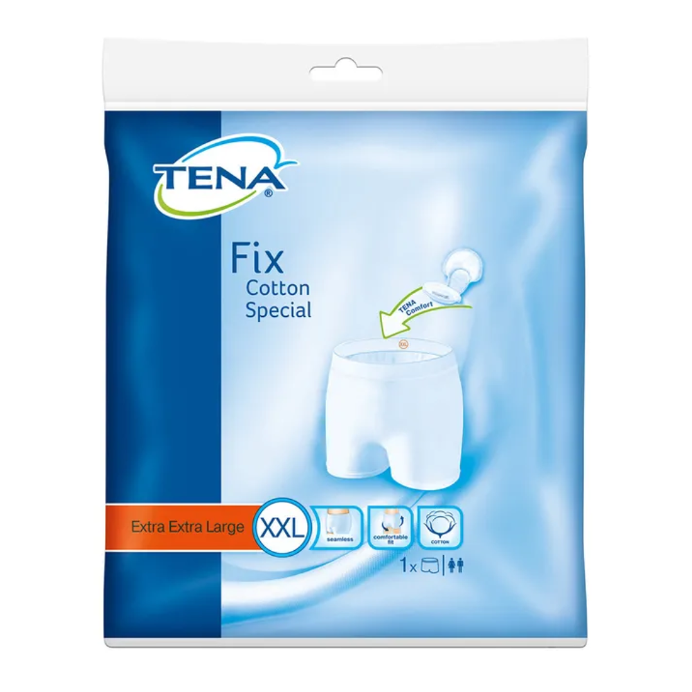 La confezione della TENA Fix Cotton Spezial Fixierhose, prodotta da TENA - Essity Germany GmbH, in taglia XXL mostra un'immagine che sembra un paio di mutande bianche. I simboli enfatizzano le sue caratteristiche, accompagnati da testi che indicano "Extra Extra Large" e "1x". È perfetta per mantenere saldamente in posizione gli inserti per incontinenza.