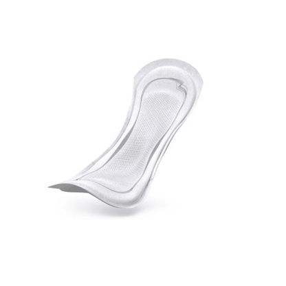 Su uno sfondo bianco è raffigurato un assorbente per incontinenza TENA Lady Discreet Extra Plus della Essity Germany GmbH. Dispone della tecnologia InstaDRY e di un design sagomato con superficie strutturata, progettato per l'igiene personale.
