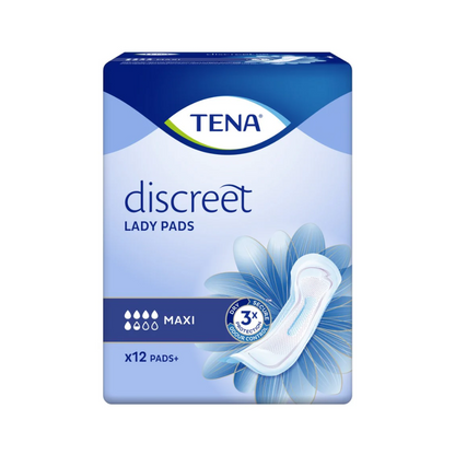L'immagine mostra una confezione di assorbenti per incontinenza TENA Lady Discreet Maxi di TENA – Essity Deutschland GmbH, progettata per la debolezza della vescica. La confezione presenta un design floreale blu e sottolinea „3x Protezione“, contiene 12 pezzi, come indicato in basso a sinistra.