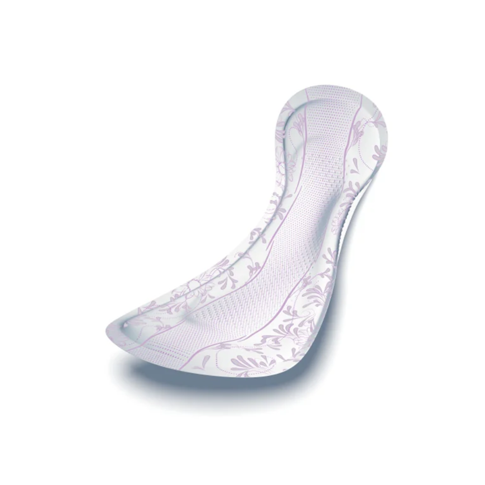 L'assorbente per incontinenza TENA Lady Discreet Protect+ Maxi Night di TENA - Essity Germany GmbH è dotato di una forma sagomata e di un motivo floreale color lilla chiaro. Grazie alla tecnologia InstaDRY, i dettagli sono evidenziati su uno sfondo bianco semplice. Disponibile in confezioni da 12 pezzi.