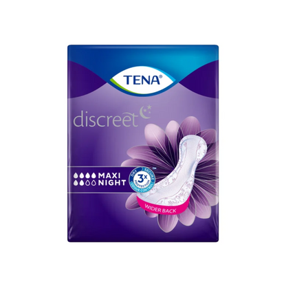 Le TENA Lady Discreet Protect+ Maxi Night assorbenti per incontinenza di Essity Germany GmbH hanno un imballaggio viola con un'immagine dell'assorbente bianca, il testo "3x Protezione" e gocce di assorbimento. La tecnologia InstaDRY rinforza la parte posteriore più ampia per un comfort e una sicurezza ottimali. La confezione contiene 12 pezzi.