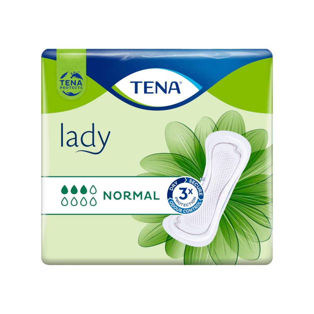Il TENA Lady Normal Slipeinlage | Confezione (30 pezzi) di TENA - Essity Germany GmbH, sviluppata per il trattamento dell'incontinenza urinaria, viene presentata su uno sfondo verde-blu. La confezione evidenzia „3x Protezione“ e „Controllo degli odori“ e mostra sul lato destro un grafico dell'assorbente per dimostrare questo efficace prodotto per l'incontinenza.