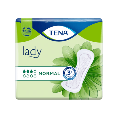 Il TENA Lady Normal Slipeinlage | Confezione (30 pezzi) di TENA - Essity Germany GmbH, sviluppata per il trattamento dell'incontinenza urinaria, viene presentata su uno sfondo verde-blu. La confezione evidenzia „3x Protezione“ e „Controllo degli odori“ e mostra sul lato destro un grafico dell'assorbente per dimostrare questo efficace prodotto per l'incontinenza.