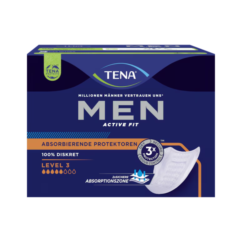 L'assorbente per incontinenza TENA Men Active Fit Level 3, confezionato in un distintivo blu e nero, è progettato per l'incontinenza urinaria. Questo prodotto di TENA – Essity Germany GmbH mostra un grafico a scudo e mette in evidenza vantaggi come la tripla protezione e la discrezione assoluta, rendendolo la scelta ideale per gli uomini che cercano fiducia e comfort. Ogni confezione contiene 16 pezzi.