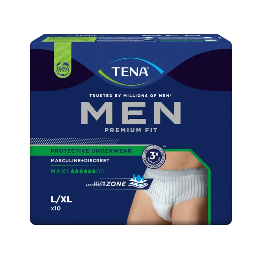 Viene presentata la confezione dei TENA Men Active Fit Pants Maxi Pannolini per incontinenza. La confezione blu scuro mette in evidenza caratteristiche come "maschile + discreto" e "Massima Assorbenza", risultando perfetta per perdite urinarie abbondanti. Si vede un'immagine dei pannolini per incontinenza e della taglia L/XL.