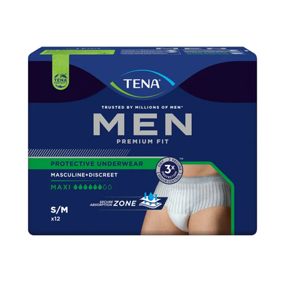 Confezione dei TENA Men Active Fit Pants Maxi Pannolini per incontinenza in taglia S/M di TENA - Essity Germany GmbH. Il design si distingue per un aspetto maschile e discreto, perfetto per perdite urinarie abbondanti con massima capacità di assorbimento. Viene mostrata un'immagine del prodotto, accompagnata da un testo che indica la capacità di assorbimento sicura e un numero di 12 pezzi.
