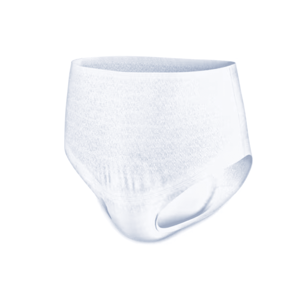 I pantaloni per incontinenza TENA Pants Plus ConfioFit di Essity Germany GmbH sono presentati su uno sfondo semplice che mette in risalto il loro colore bianco e la fascia elastica in vita e sulle gambe. Il materiale appare morbido e assorbente, ed è sia comodo che pratico. Questi pantaloni per incontinenza offrono una protezione affidabile per le persone con debolezza della vescica, senza dover rinunciare allo stile.