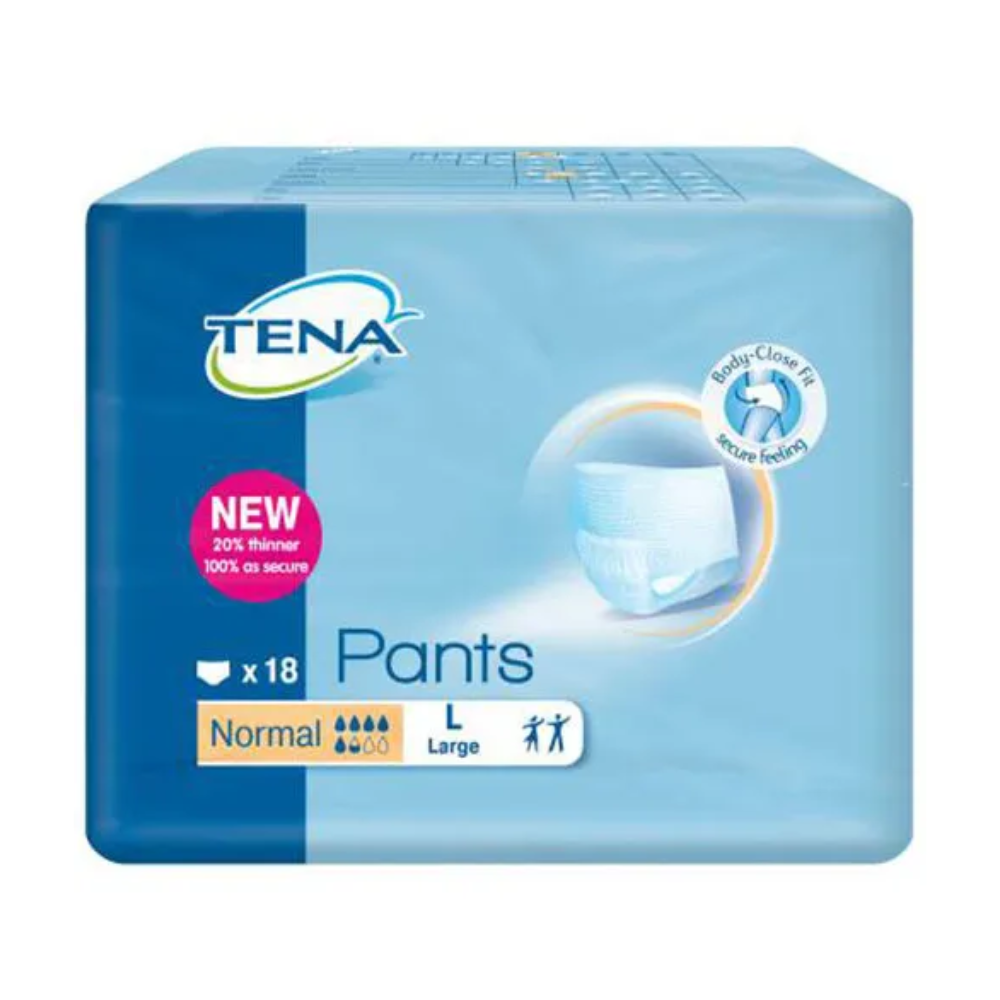 La confezione dei pantaloni per incontinenza TENA Pants Normal per adulti nella taglia Large di TENA - Essity Germany GmbH include 18 pantaloni, sviluppati appositamente per l'incontinenza urinaria. Il design blu presenta immagini del prodotto e sottolinea il comfort e una vestibilità sicura.