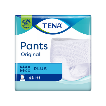 La confezione dei TENA Pants Original Plus Inkontinenzpants mostra un'immagine di questi pantaloni protettivi per incontinenza e sottolinea così la loro capacità di assorbimento. Il design blu-bianco di TENA – Essity Germany GmbH, adatto sia per uomini che per donne, combatte efficacemente la debolezza vescicale con stile e fiducia in sé stessi.