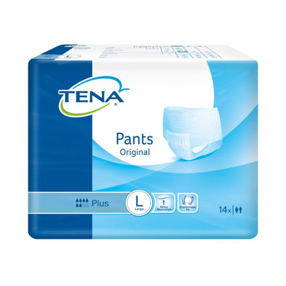 Una confezione di TENA Pants Original Plus Inkontinenzpants di TENA – Essity Deutschland GmbH viene fornita in una confezione blu-bianca, che indica la capacità di assorbimento 'Plus'. È disponibile nella taglia 'Large' e include 14 mutande monouso per il trattamento della debolezza vescicale.