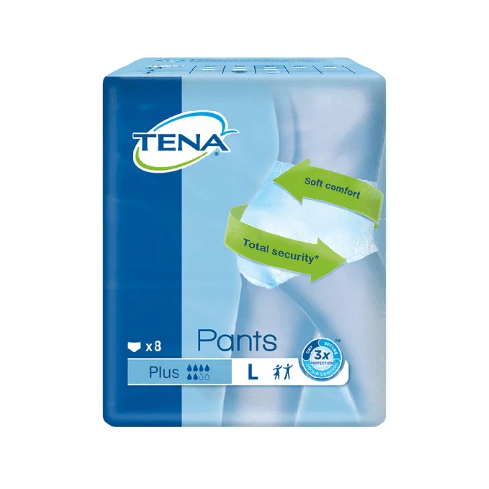 Sulla confezione dei TENA Pants Plus ConfioFit pantaloni per incontinenza in taglia L è visibile un'immagine del prodotto, in cui sono evidenziate etichette come "Confort Morbido" e "Sicurezza Totale". Questa confezione di TENA - Essity Germany GmbH è perfetta per persone con debolezza della vescica e contiene 8 pezzi. È dotata di simboli che dimostrano l'uso e la capacità di assorbimento, garantendo così una protezione affidabile.