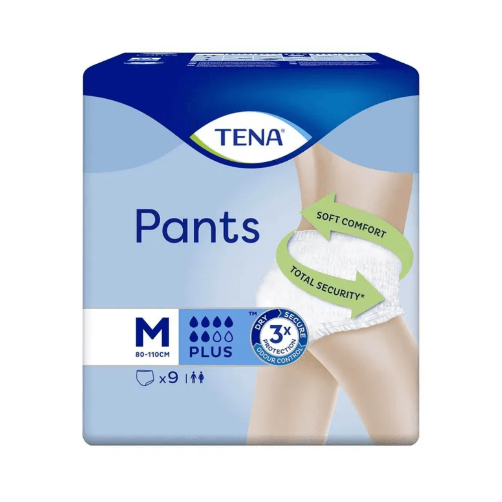 Immagine di una confezione di TENA Pants Plus ConfioFit pantaloni per incontinenza di TENA - Essity Germany GmbH, taglia media 80-110 cm, con capacità di assorbimento Plus. La confezione mostra una persona che indossa i pantaloni e sottolinea "Soft Comfort" e "Total Security" per una protezione efficace contro la debolezza della vescica. Contiene 9 pezzi.