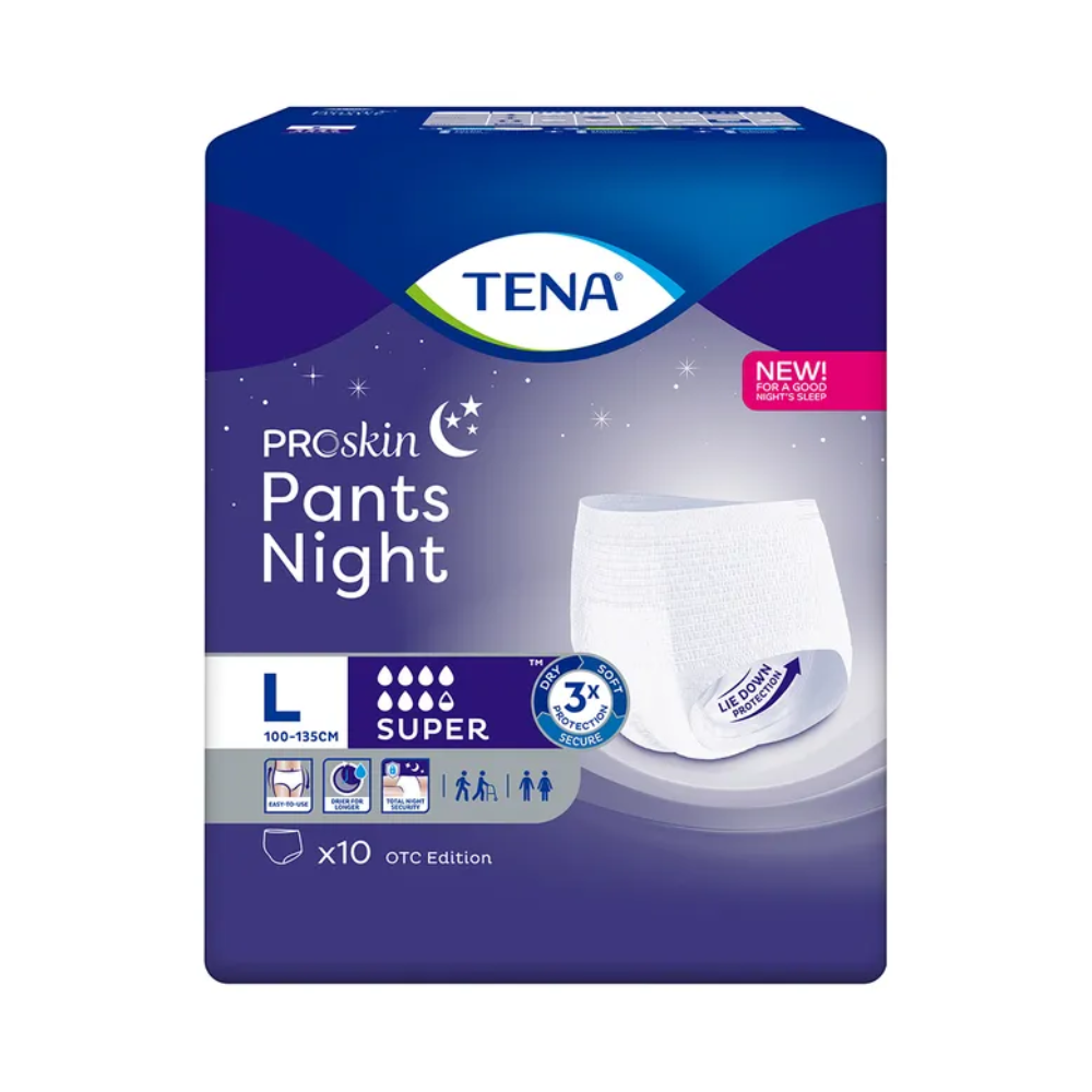 L'immagine mostra l'imballaggio per TENA ProSkin Pants Night Super Pannolini per incontinenza di TENA – Essity Germany GmbH. Questa biancheria intima monouso è progettata per le esigenze di incontinenza e offre una vasta gamma di taglie da 100-135 cm. Offre super assorbenza e protezione notturna con proprietà delicate sulla pelle. La confezione contiene 10 pantaloni, perfetta per il trattamento della debolezza vescicale.