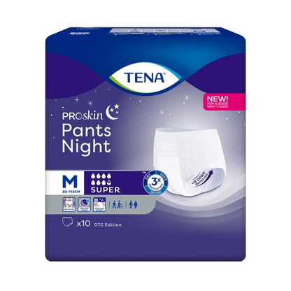 L'immagine mostra una confezione di TENA ProSkin Pants Night Super Pannolini per incontinenza di TENA – Essity Germany GmbH, perfetti per il trattamento della debolezza vescicale notturna. Il design in viola e blu con bordo bianco mette in risalto dettagli come la taglia M, adatta per 80-110 cm, e contiene 10 pezzi per confezione.