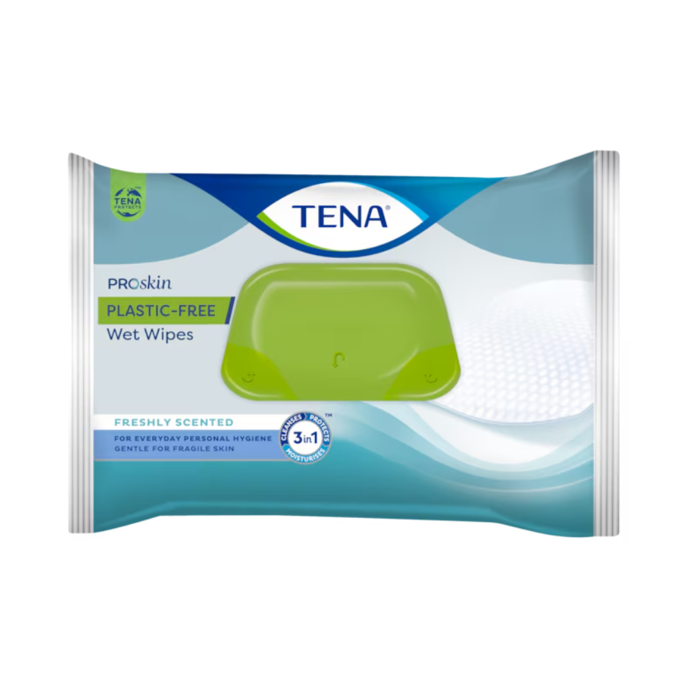 Le salviette umidificate TENA ProSkin Plastic-Free, offerte da TENA – Essity Germany GmbH in una confezione da 48 pezzi, sono presentate in un imballaggio con un design verde-blu e un coperchio verde richiudibile. Queste salviette sono indicate come fresche e profumate, offrono protezione per la pelle e, grazie alla loro formulazione delicata, sono ideali per l'igiene quotidiana del corpo per pelli sensibili.