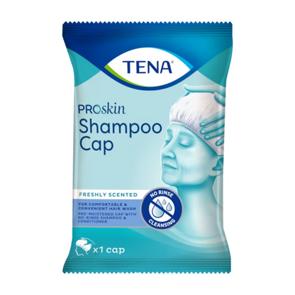 La cuffia lavante TENA ProSkin Shampoo Cap di TENA - Essity Germany GmbH è presentata in una confezione dal design blu-bianco, su cui è raffigurata una persona che utilizza questo cappuccio monouso. Il testo sottolinea "Fresca profumazione", "Pulizia senza risciacquo" e comprende sia "Shampoo che balsamo". Contiene una cuffia.