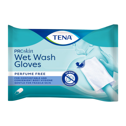 L'imballaggio dei TENA ProSkin Wet Wash Gloves, guanti da lavaggio senza profumo | Confezione (8 pezzi) sottolinea la loro idoneità per un'igiene personale comoda. I guanti sono delicati sulla pelle sensibile e non devono essere risciacquati. Un'immagine per la dimostrazione dell'applicazione si trova sul retro della confezione blu.