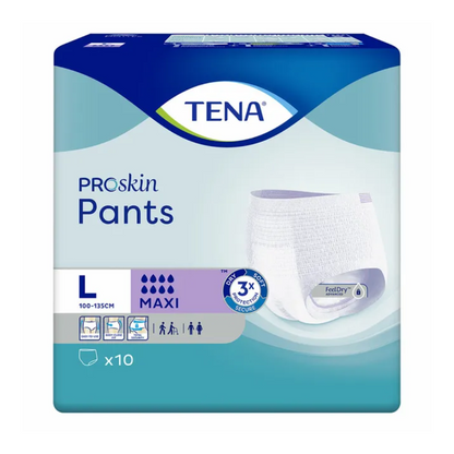 La confezione dei TENA Proskin Pants Maxi pannoloni per incontinenza, prodotta da TENA - Essity Germany GmbH, è disponibile nella taglia L (100-135 cm) e comprende 10 pezzi per confezione. Dispone della tecnologia FeelDry e simboli che indicano l'idoneità per adulti con incontinenza urinaria.