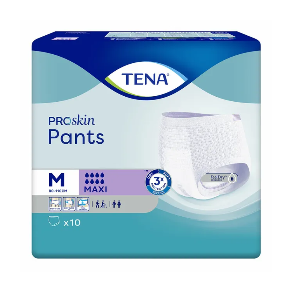 Una confezione di TENA Proskin Pants Maxi pannoloni per incontinenza, prodotta da TENA - Essity Germany GmbH, è ideale per il trattamento dell'incontinenza urinaria. Disponibile in taglia M, la confezione blu mostra l'immagine del prodotto e mette in evidenza 'FeelDry', 'ProSkin' e l'assorbenza 'MAXI'. Ogni confezione contiene 10 pannoloni per incontinenza, progettati per circonferenze vita da 80-110 cm.