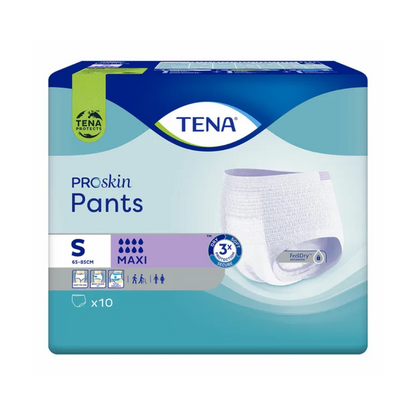 Una confezione di TENA Proskin Pants Maxi pannoloni per incontinenza di TENA - Essity Germany GmbH in taglia Small. La confezione blu-verde mostra un'immagine del prodotto e indica che contiene 10 pezzi, ideale per il trattamento discreto dell'incontinenza urinaria con assorbenza 'Maxi'.