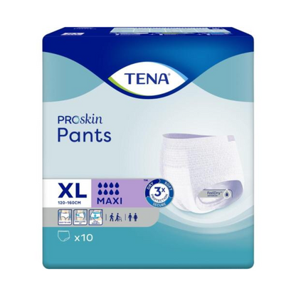 I TENA Proskin Pants Maxi pannoloni per incontinenza di Essity Germany GmbH vengono forniti in una confezione blu con immagine del prodotto. Mostra dettagli importanti come la taglia XL (120-160 cm), l'assorbenza Maxi e la tecnologia FeelDry Advanced, inclusi 10 pannoloni. I simboli sulla confezione evidenziano le funzioni che aiutano i soggetti a gestire efficacemente l'incontinenza urinaria.