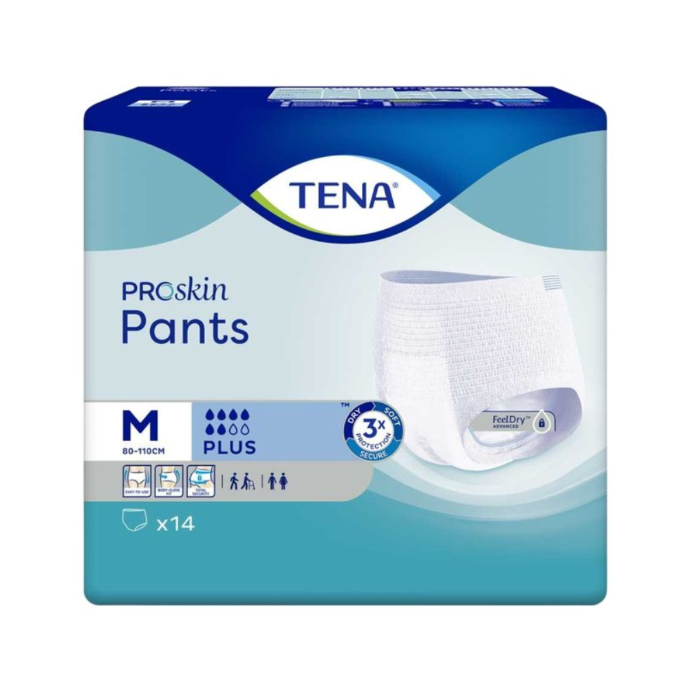 Verpackung von TENA Proskin Pants Plus Inkontinenzpants, Inkontinenzhose für mittlere Größe (80-110 cm), zeigt ein Referenzbild des Produkts. Die Verpackung ist hauptsächlich blau und grün, hebt Details wie „PLUS 3x“-Saugfähigkeit und „FeelDry“-Technologie hervor und enthält 14 Pants, die für Blasenschwäche entwickelt wurden.