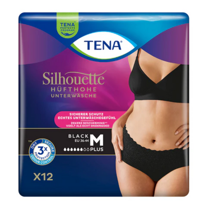 L'immagine della confezione dei TENA Silhouette Plus Black Inkontinenzpants mostra pantaloni a vita alta progettati per la protezione della vescica. La confezione con torso nero elegante e la scritta EU 36-44 M contiene 12 pezzi e promette tripla protezione contro la debolezza della vescica.