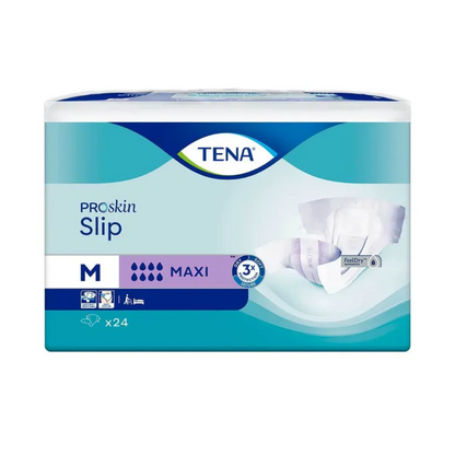 La confezione dell'assorbente per incontinenza TENA Slip Maxi con cintura di TENA - Essity Germany GmbH presenta un design blu con accenti bianchi e un'immagine dell'assorbente per adulti. La taglia media è indicata con una "M" e comprende un pacco di 24 slip che offrono protezione affidabile contro le perdite per una sicurezza durante tutto il giorno.
