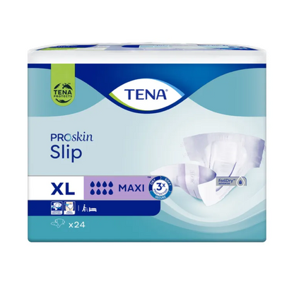 Una confezione di assorbenti per incontinenza TENA Slip Maxi con cintura, offerta da TENA - Essity Germany GmbH in taglia XL, offre capacità di assorbimento "Maxi" e include la tecnologia "FeelDry". È dotata di protezione contro le perdite per una sicurezza aggiuntiva e contiene 24 pezzi per confezione. La confezione è progettata con uno schema di colori blu-verde con immagini di pannolini.