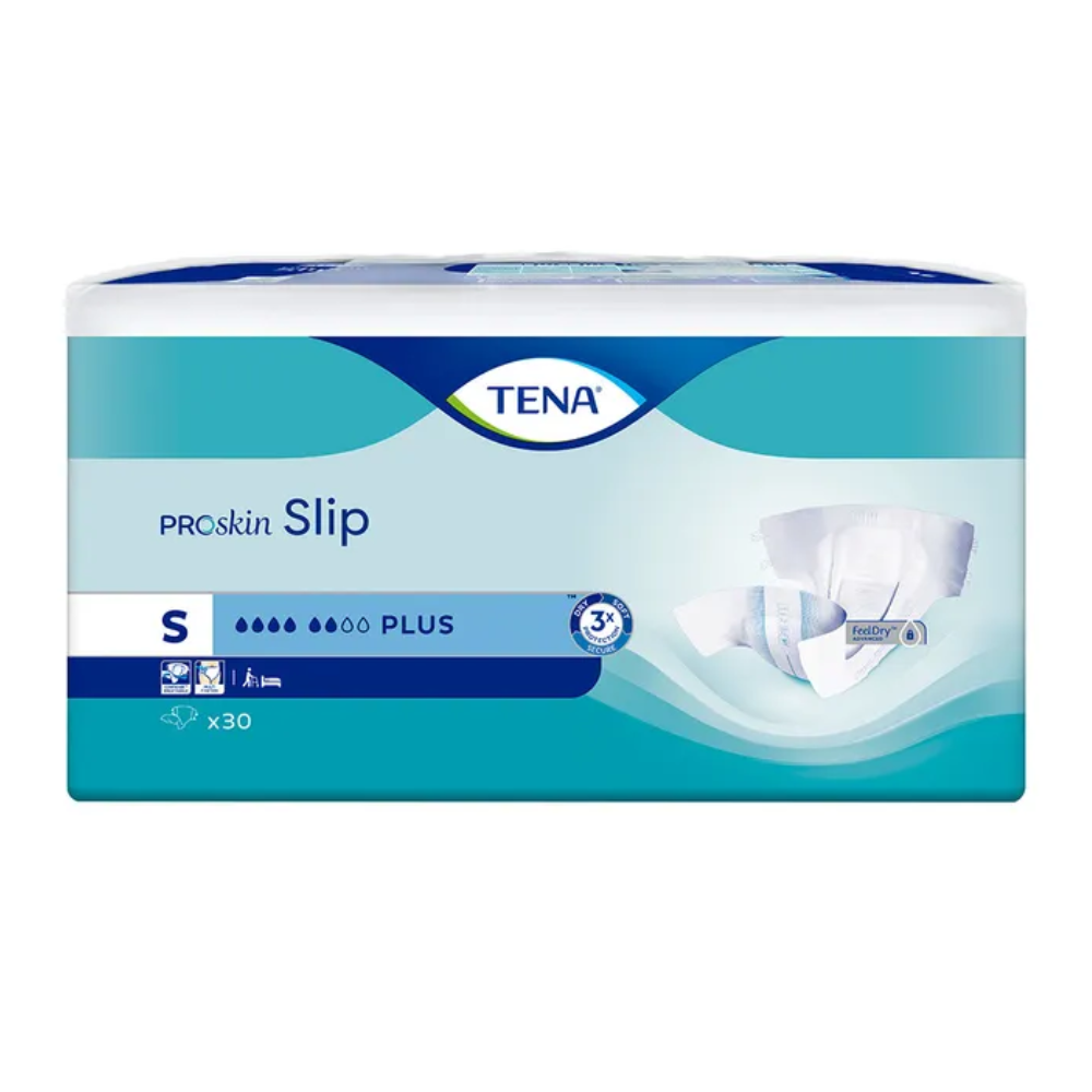 La confezione del pannolone per incontinenza TENA Slip Plus con fascia in vita, taglia S, mette in risalto il nome del prodotto e una piccola immagine del pannolone per adulti sulla parte anteriore. Contiene 30 pezzi per confezione e mostra il marchio blu e bianco di TENA - Essity Germany GmbH, che evidenzia la protezione dalle perdite per un comfort e una protezione ottimali.