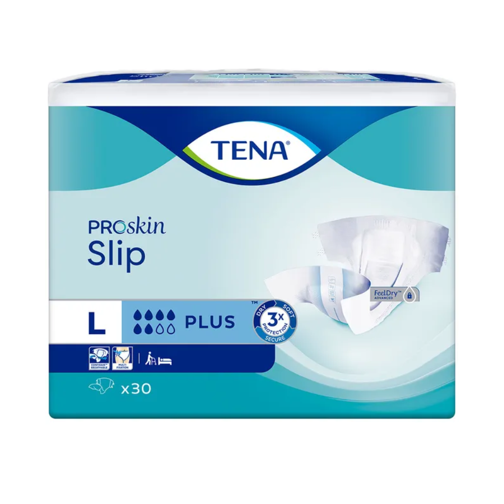 La confezione del pannolone per incontinenza TENA Slip Plus con fascia in vita, prodotta da TENA - Essity Germany GmbH, taglia Large, mette in evidenza il suo design con simboli che indicano caratteristiche come l'eccellente capacità di assorbimento e la protezione dalle perdite. Lo schema di colori è blu e bianco, e ogni confezione contiene 30 pezzi.
