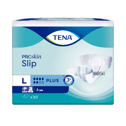 La confezione del pannolone per incontinenza TENA Slip Plus con fascia in vita, prodotta da TENA - Essity Germany GmbH, taglia Large, mette in evidenza il suo design con simboli che indicano caratteristiche come l'eccellente capacità di assorbimento e la protezione dalle perdite. Lo schema di colori è blu e bianco, e ogni confezione contiene 30 pezzi.