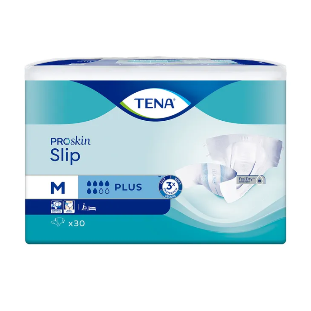 L'immagine mostra una confezione di pannoloni per incontinenza TENA Slip Plus con fascia in vita di TENA - Essity Germany GmbH, che include una protezione dalle perdite per una sicurezza aggiuntiva. La confezione blu e bianca indica con una 'M' la taglia media e contiene 30 pezzi, evidenziando la tripla protezione della pelle.