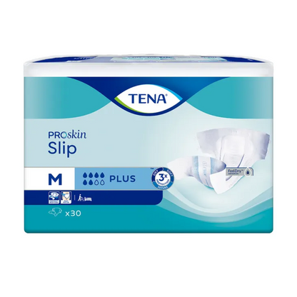 L'immagine mostra una confezione di pannoloni per incontinenza TENA Slip Plus con fascia in vita di TENA - Essity Germany GmbH, che include una protezione dalle perdite per una sicurezza aggiuntiva. La confezione blu e bianca indica con una 'M' la taglia media e contiene 30 pezzi, evidenziando la tripla protezione della pelle.