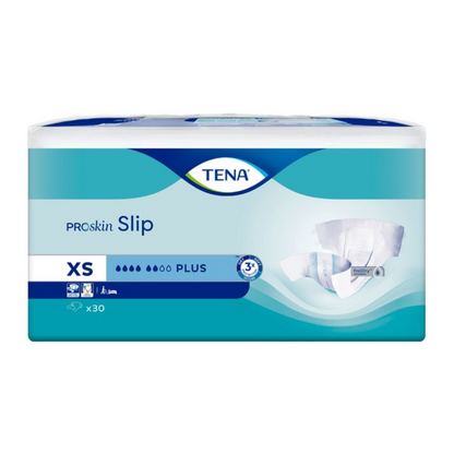 La confezione del pannolone per incontinenza TENA Slip Plus con fascia in vita, taglia XS, è progettata in blu e bianco. Sulla parte anteriore è presente un'immagine del prodotto che indica la protezione dalle perdite e la confezione da 30 pezzi.