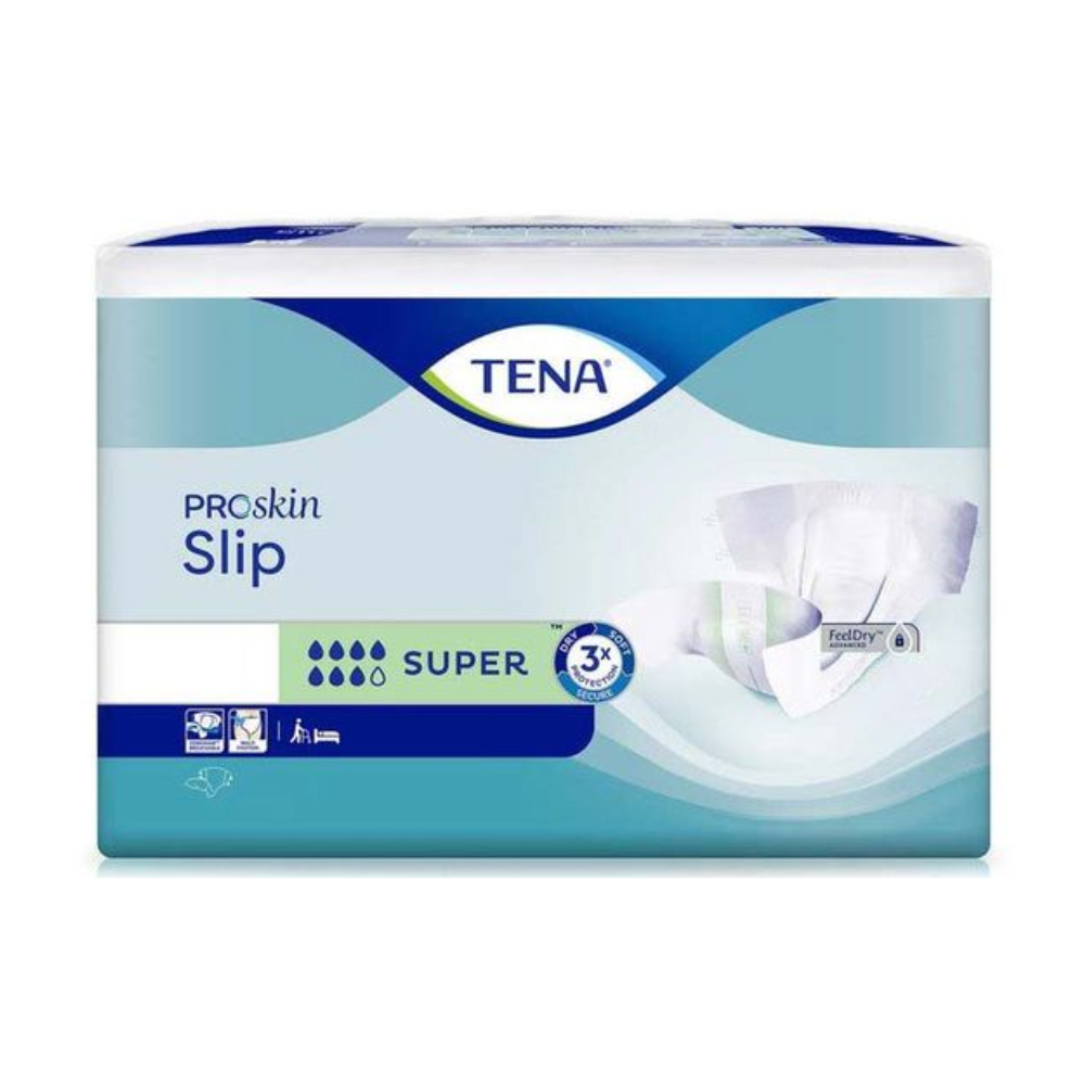 L'immagine mostra una confezione di assorbenti per incontinenza TENA Slip Super con fascia in vita per adulti. Il design prevalentemente blu-bianco mette in risalto i simboli di protezione dalle perdite per un'eccezionale capacità di assorbimento e comfort, con un'immagine del prodotto sul lato destro che garantisce una protezione affidabile.